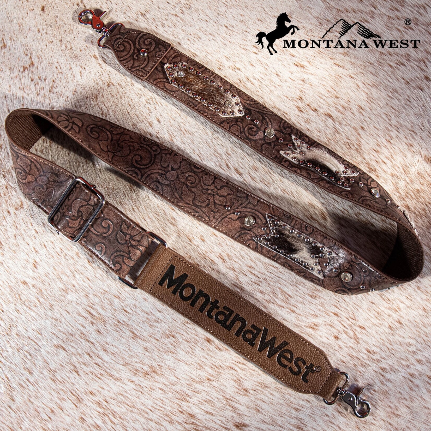 Montana West USA PST-2009 - Coffee - MW Guitar Style Tooled Cowhide Crossbody Strap