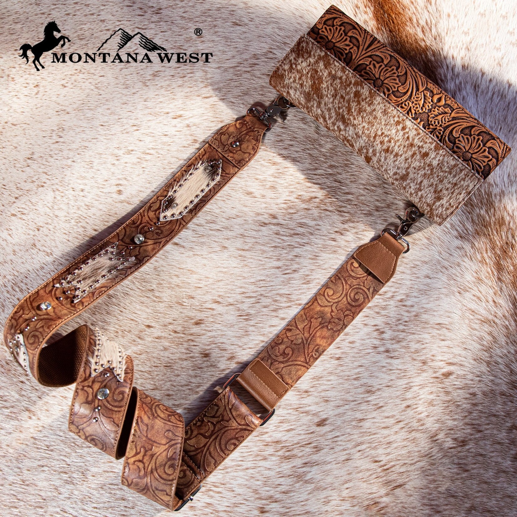 Montana West USA PST-2009 - Brown - MW Guitar Style Tooled Cowhide Crossbody Strap