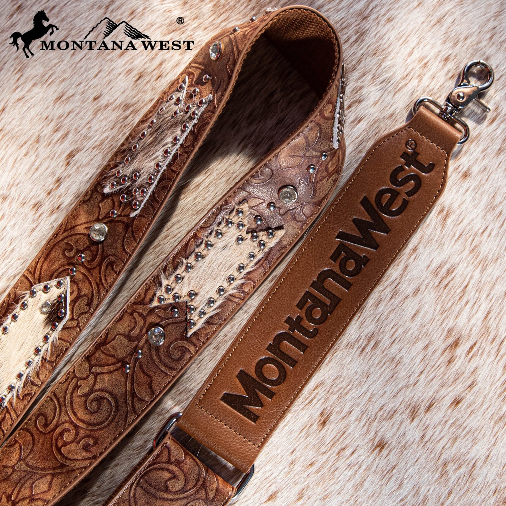 Montana West USA PST-2009 - Brown - MW Guitar Style Tooled Cowhide Crossbody Strap