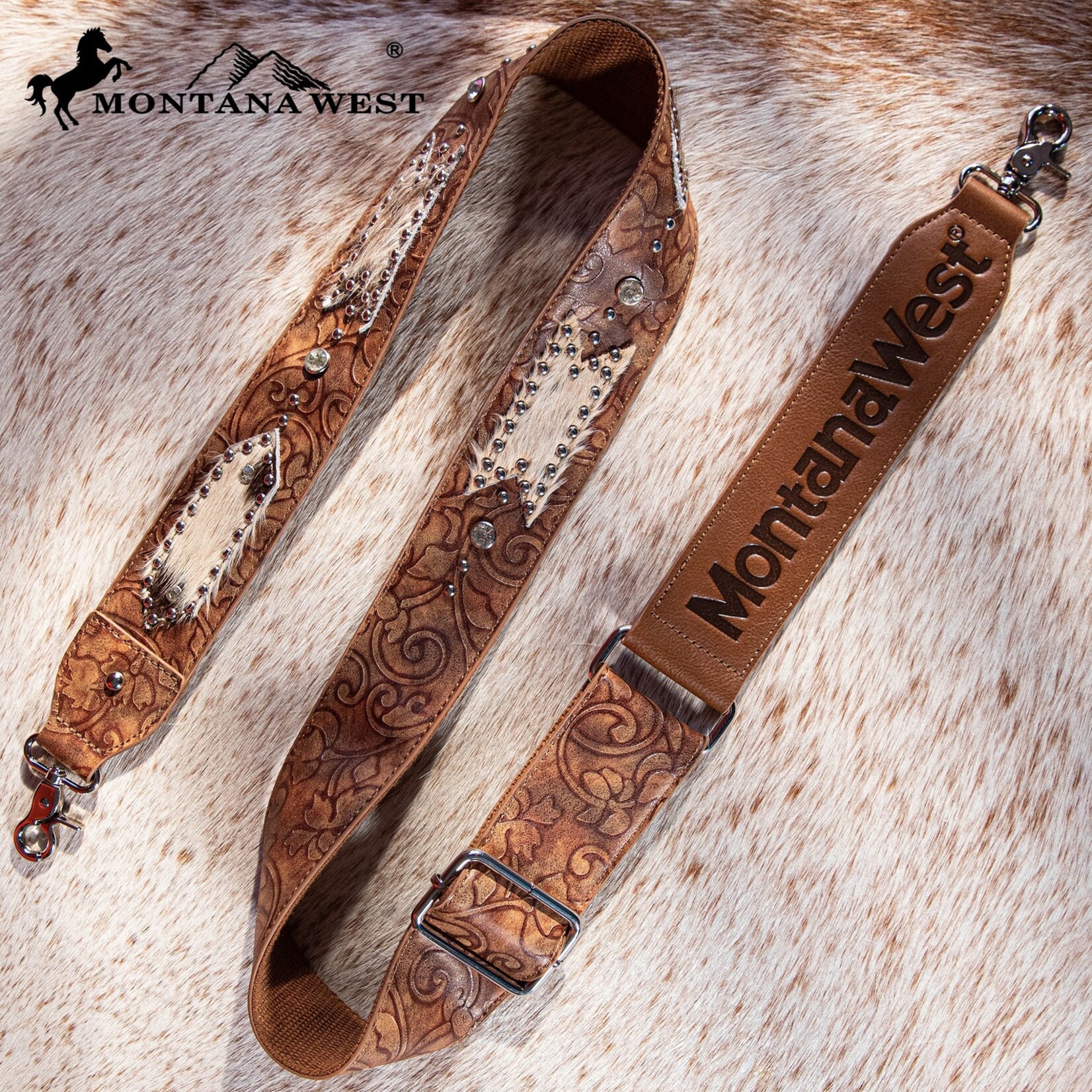 Montana West USA PST-2009 - Brown - MW Guitar Style Tooled Cowhide Crossbody Strap