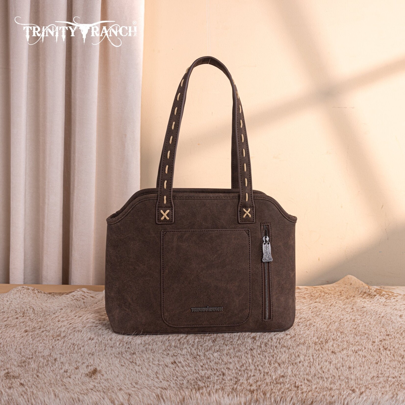 Trinity Ranch TR199G-8260CF - Coffee - Trinity Ranch Genuine Hair-On Cowhide Tooled Concealed Carry Tote
