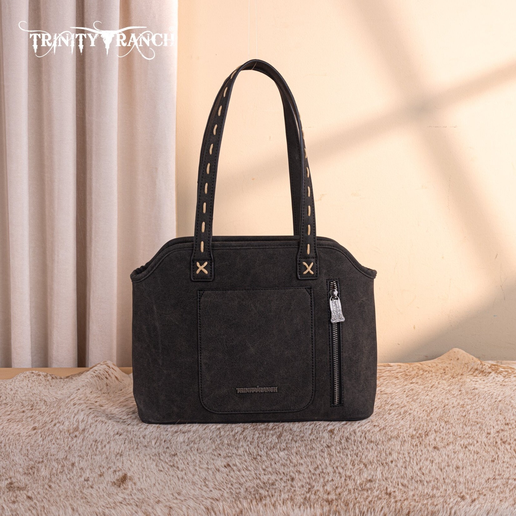 Trinity Ranch TR199G-8260BK - Black - Trinity Ranch Genuine Hair-On Cowhide Tooled Concealed Carry Tote