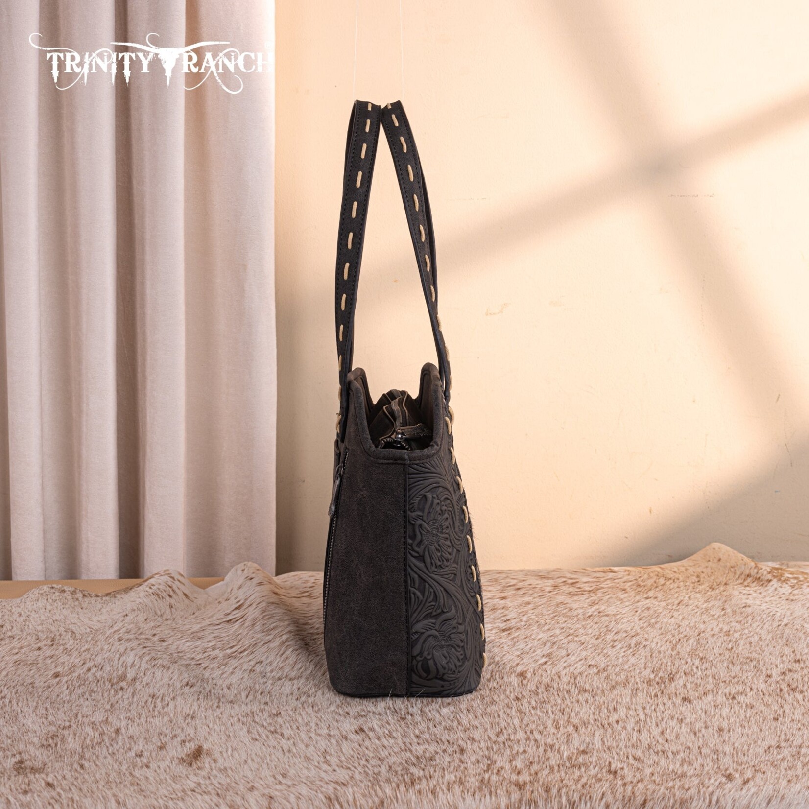 Trinity Ranch TR199G-8260BK - Black - Trinity Ranch Genuine Hair-On Cowhide Tooled Concealed Carry Tote