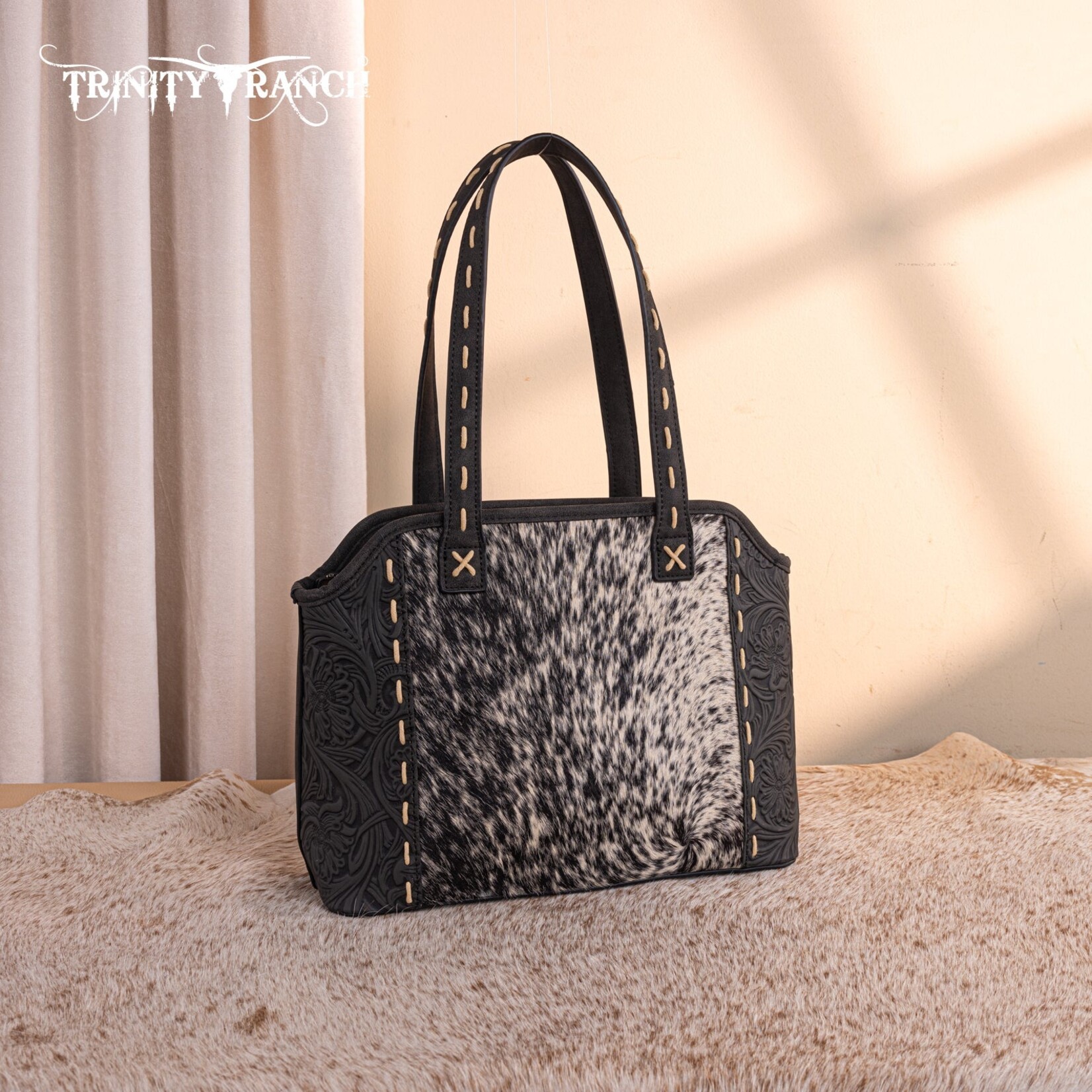 Trinity Ranch TR199G-8260BK - Black - Trinity Ranch Genuine Hair-On Cowhide Tooled Concealed Carry Tote