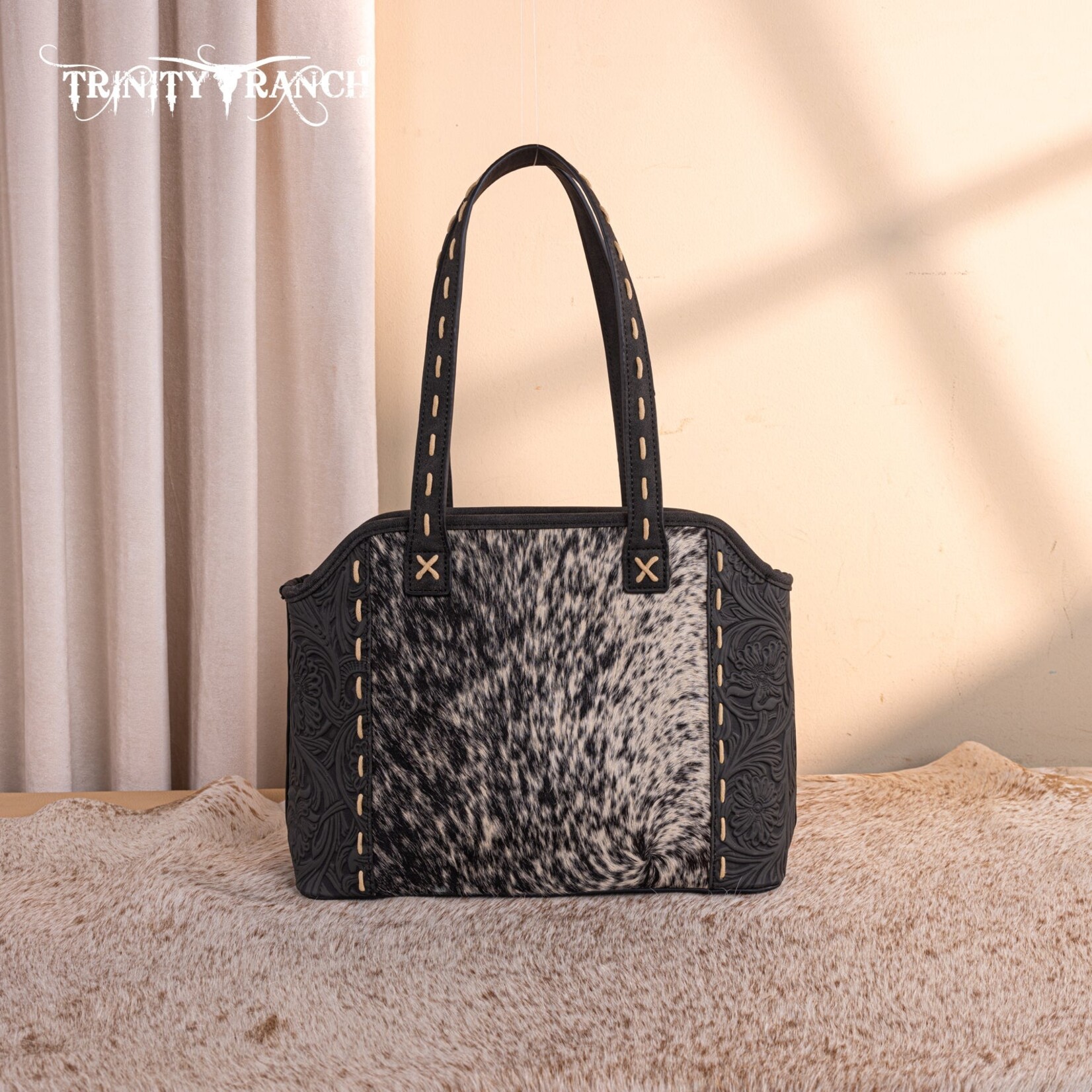 Trinity Ranch TR199G-8260BK - Black - Trinity Ranch Genuine Hair-On Cowhide Tooled Concealed Carry Tote