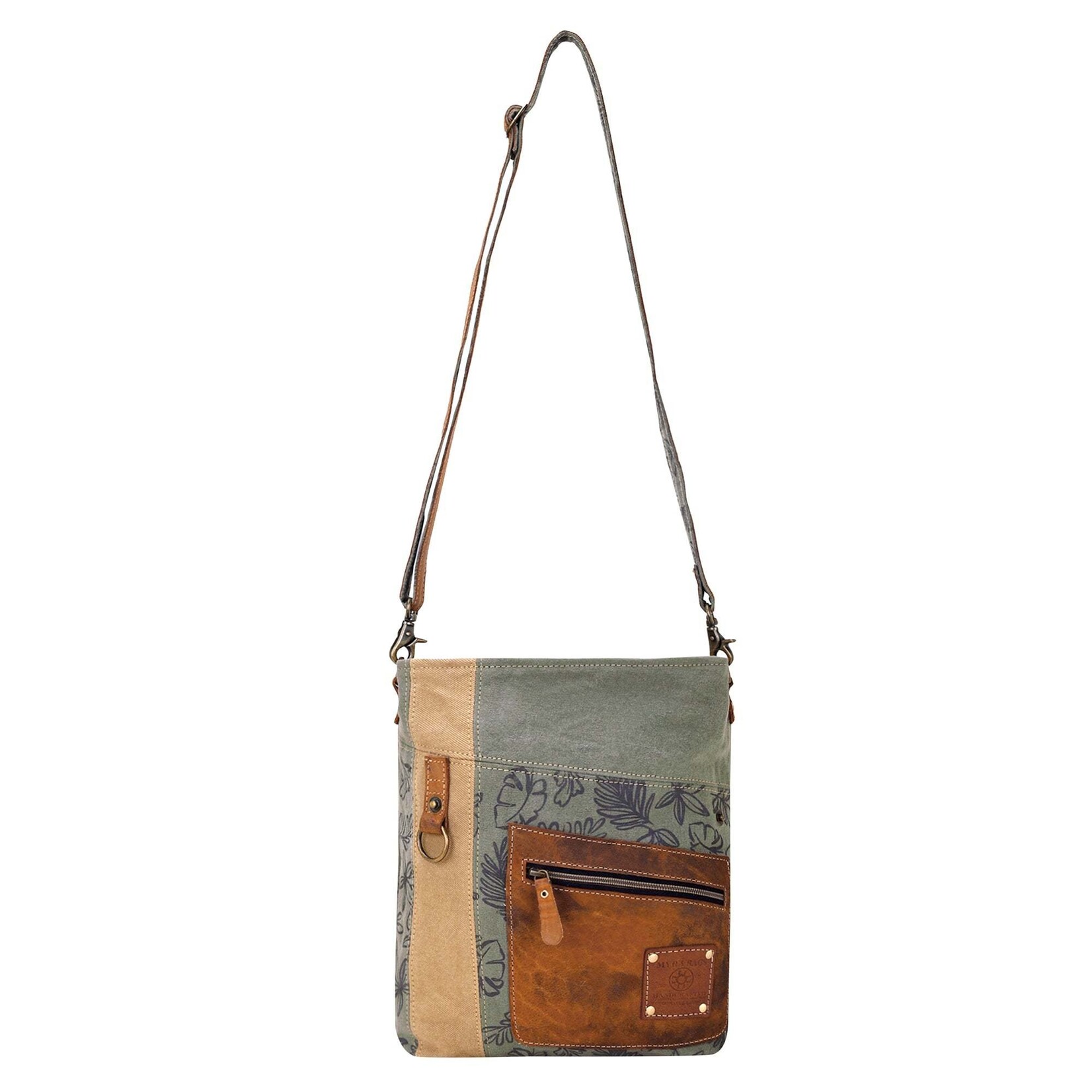 Myra Bags S-15053 Hopsage Upcycled Canvas Bag for Women in olive with leaf print