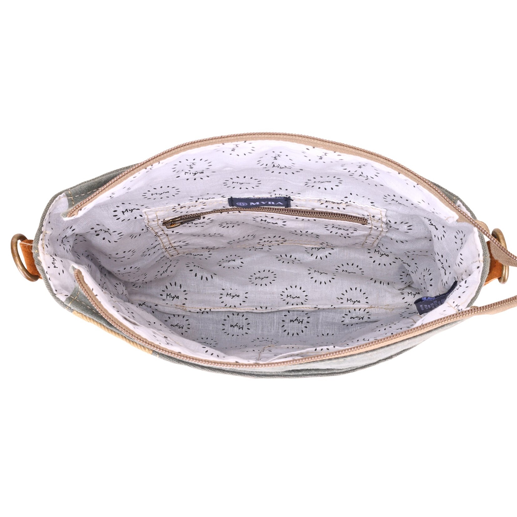 Myra Bags S-15053 Hopsage Upcycled Canvas Bag for Women in olive with leaf print