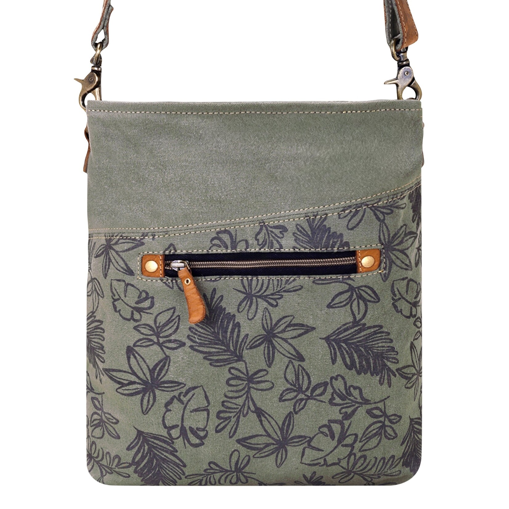 Myra Bags S-15053 Hopsage Upcycled Canvas Bag for Women in olive with leaf print