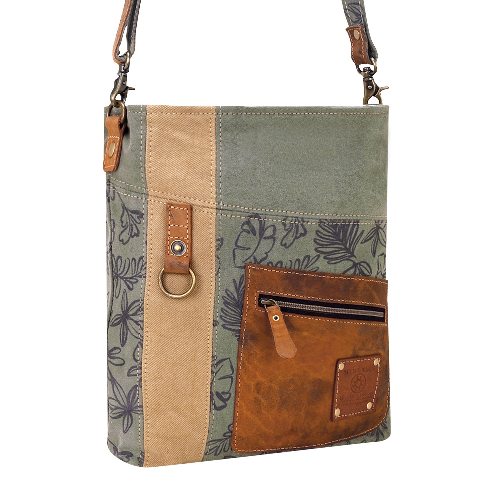 Myra Bags S-15053 Hopsage Upcycled Canvas Bag for Women in olive with leaf print