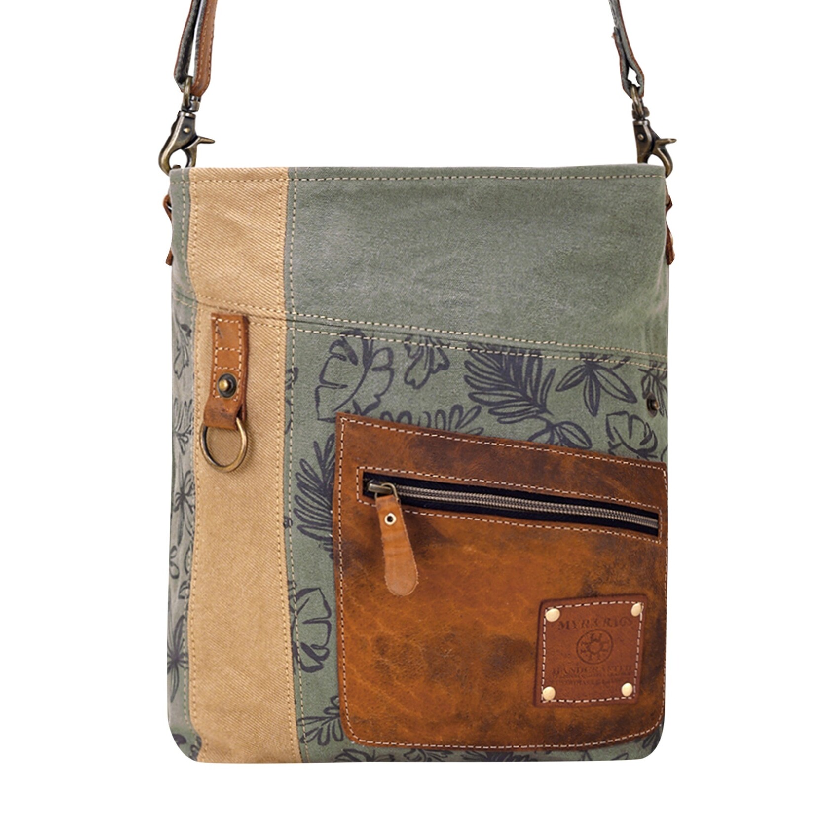 Myra Bags S-15053 Hopsage Upcycled Canvas Bag for Women in olive with leaf print