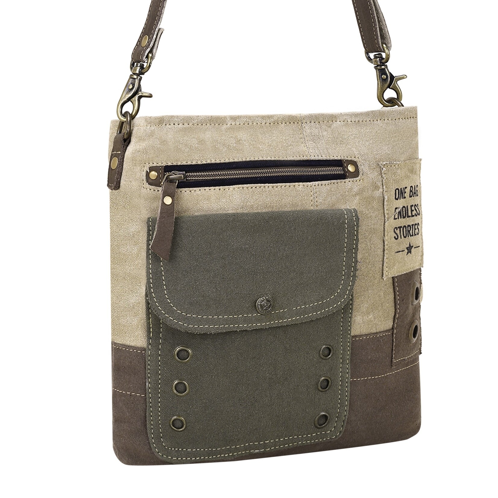 Myra Bags S-15052 Bricklebush Shoulder Bag for Women in olive with canvas patchwork