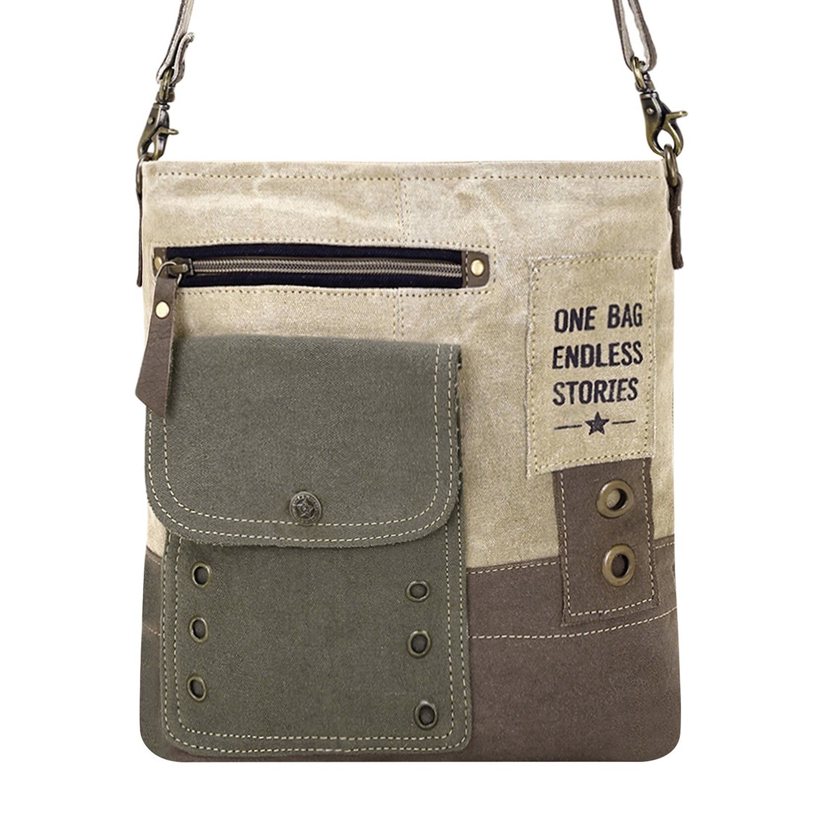 Myra Bags S-15052 Bricklebush Shoulder Bag for Women in olive with canvas patchwork
