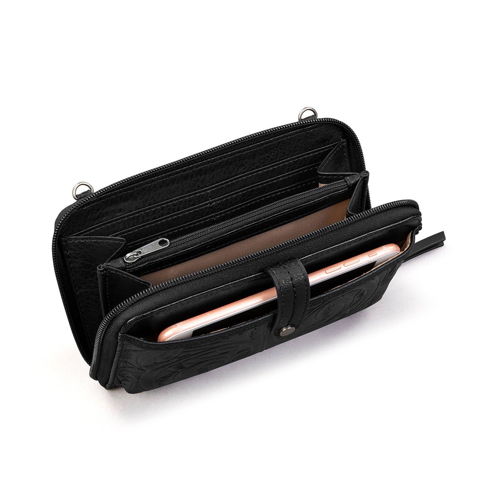 Iris Smartphone Wallet - Leather - Black Leaf Embossed
