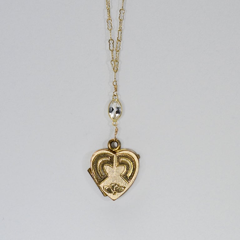 Eaves Vintage 14K Gold Fill Heart Victorian Locket w/ 14K White Quartz Necklace