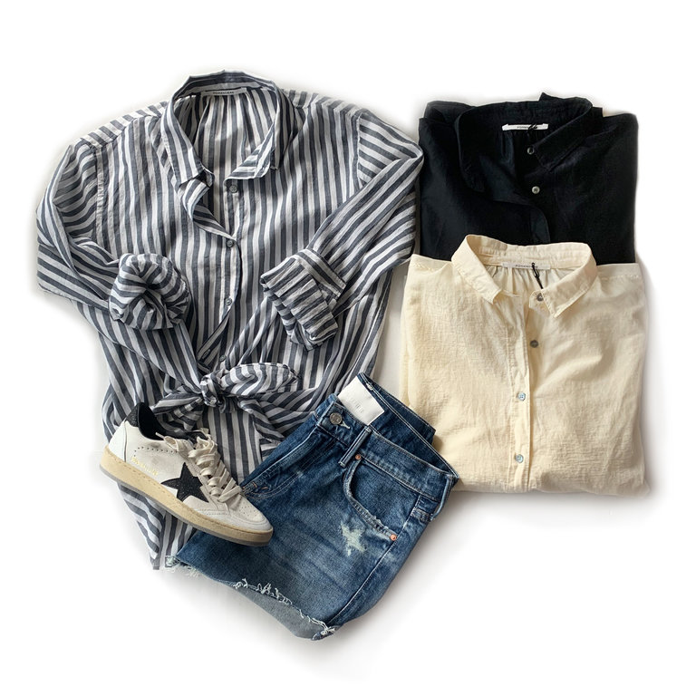 Pomandere Broad Stripe Cotton Crossover Shirt