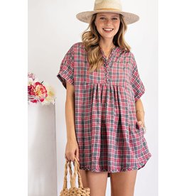 Easel Pleated Plaid Tunic Top