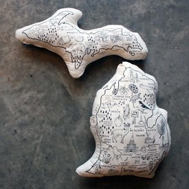 City Bird Illustrated Michigan Shaped Pillow
