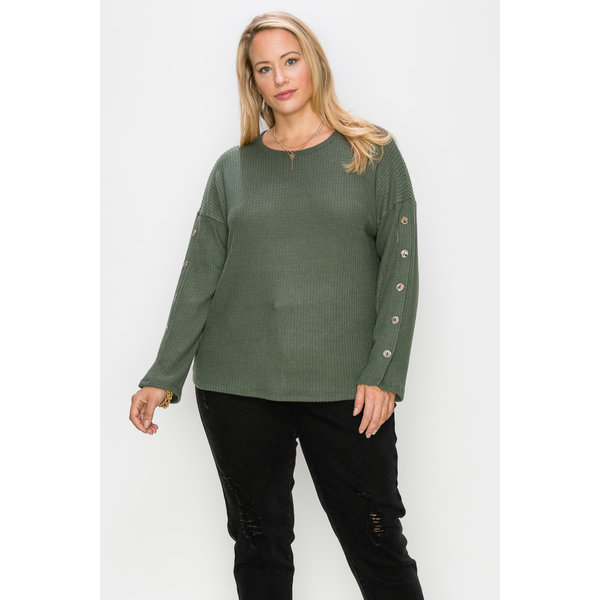 Coin1804 Plus Size Brushed Waffle Crew Button Sleeve Top