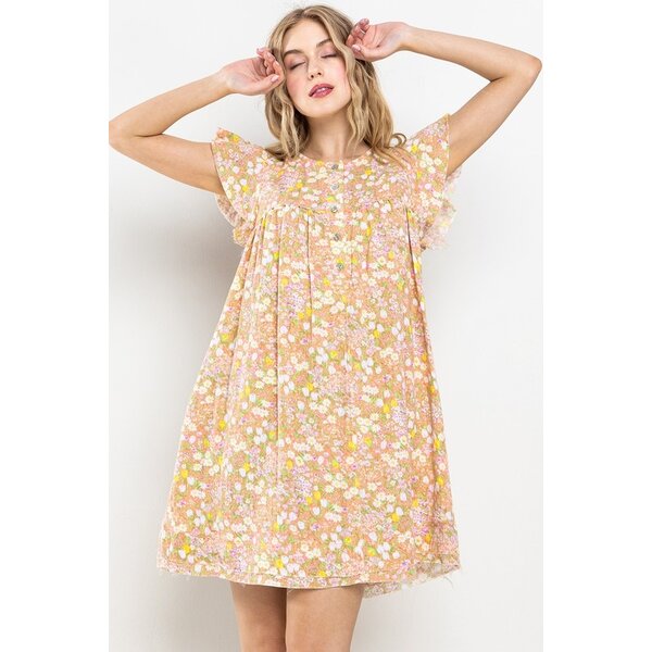 Ces Femme Floral Button Up Ruffle Sleeve Mini Dress