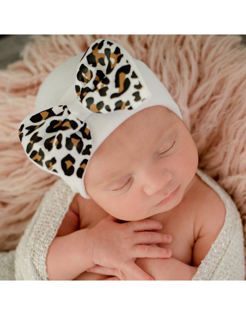 IlyBean White Lucy Leopard Bow Baby Newborn Girl Hospital Hat