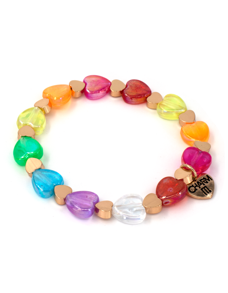 CHARM IT! Gold Rainbow Heart Bead Stretch Bracelet - Bows & Babes