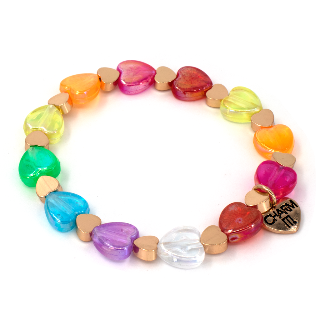 CHARM IT! Gold Rainbow Heart Bead Stretch Bracelet - Bows & Babes