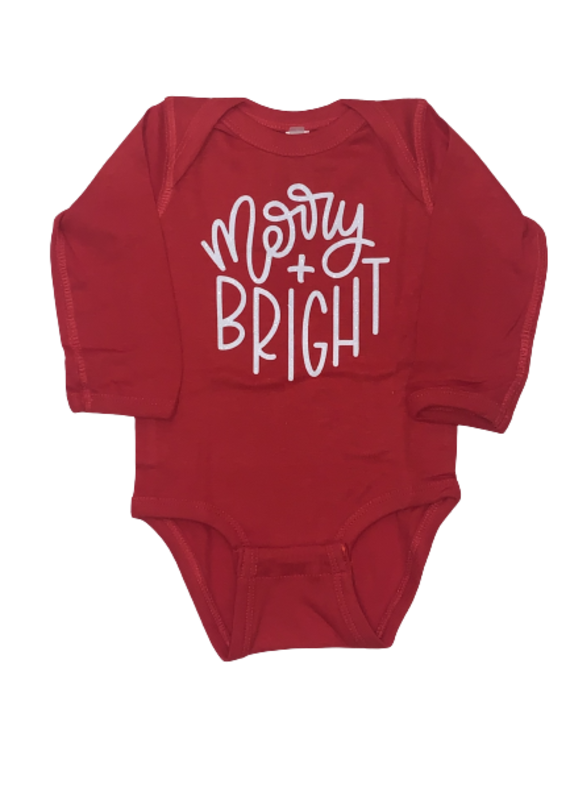 Merry and Bright with Glitter Red Long Sleeve Onesie