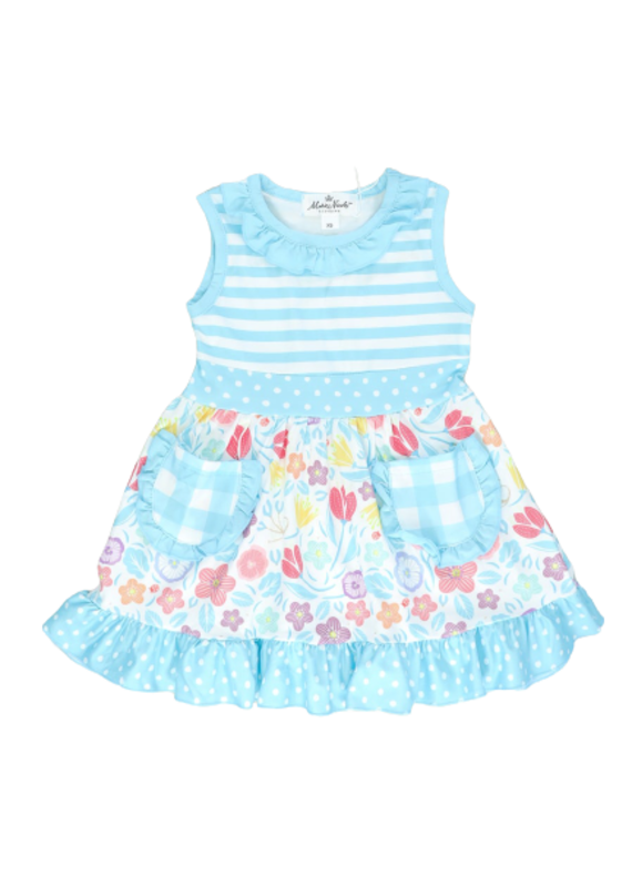 Marie Nicole Clothing Sky Blue Striped Spring Ruffle Pocket Dress Infant