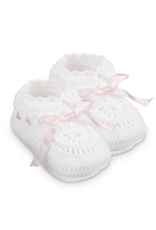 Jefferies Socks Hand Crochet Ribbon Bootie White/Pink NB 0-3m