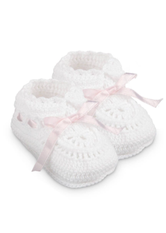 Jefferies Socks Hand Crochet Ribbon Bootie White/Pink NB 0-3m