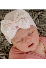 IlyBean Pink Newborn Hospital Hat Pearl and Lace Trim
