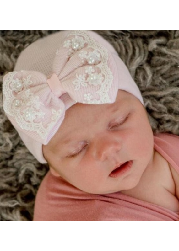 IlyBean Pink Newborn Hospital Hat Pearl and Lace Trim