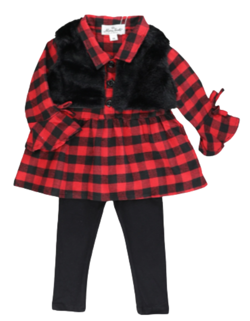 Marie Nicole Clothing Red Gingham Ruffle Tunic with Fur Vest Outfit