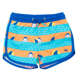 RuffleButts + RuggedButts Neon Sharks & Stripes Hem Swim Trunks