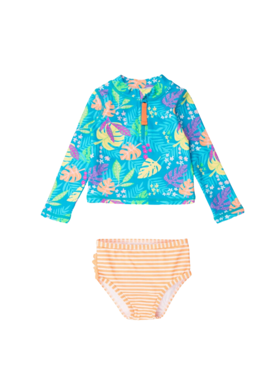 RuffleButts + RuggedButts Neon Tiki Vibes Long Sleeve Zipper Rash Guard 2-Piece