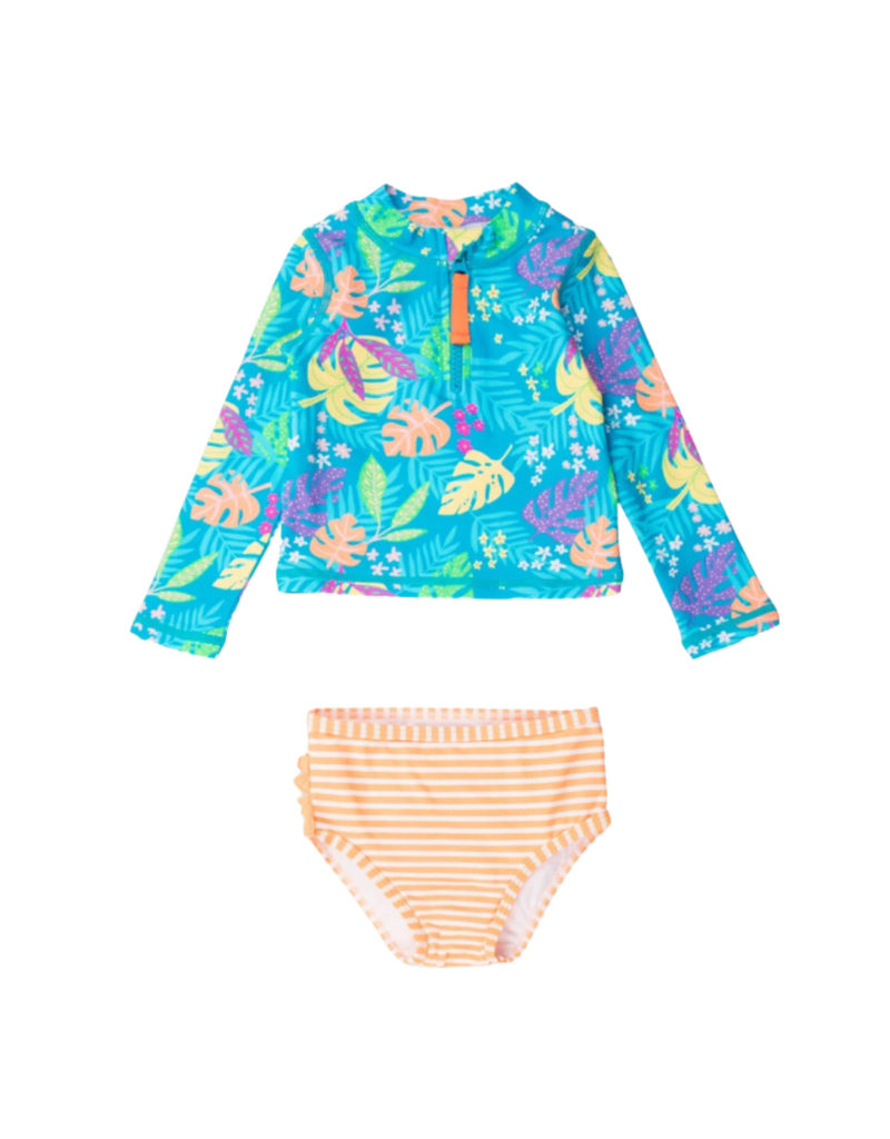 RuffleButts + RuggedButts Neon Tiki Vibes Long Sleeve Zipper Rash Guard 2-Piece