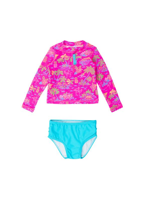 Neon Island Time Long Sleeve Zipper Rash Guard 2 Piece