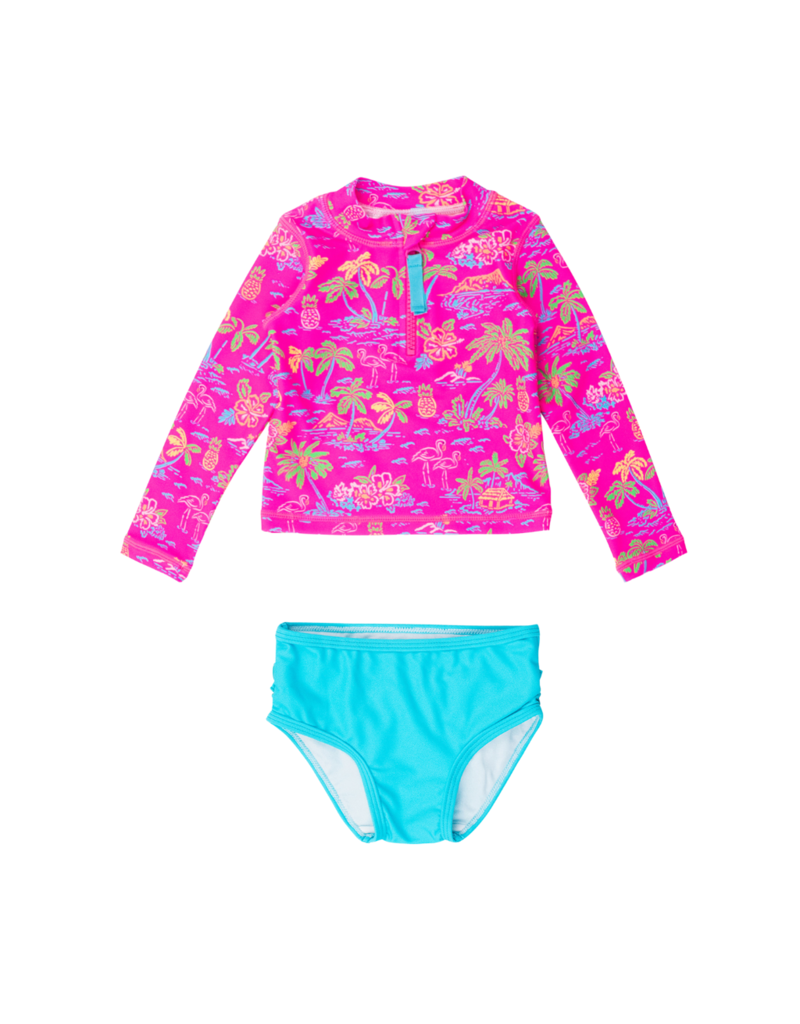 Neon Island Time Long Sleeve Zipper Rash Guard 2 Piece