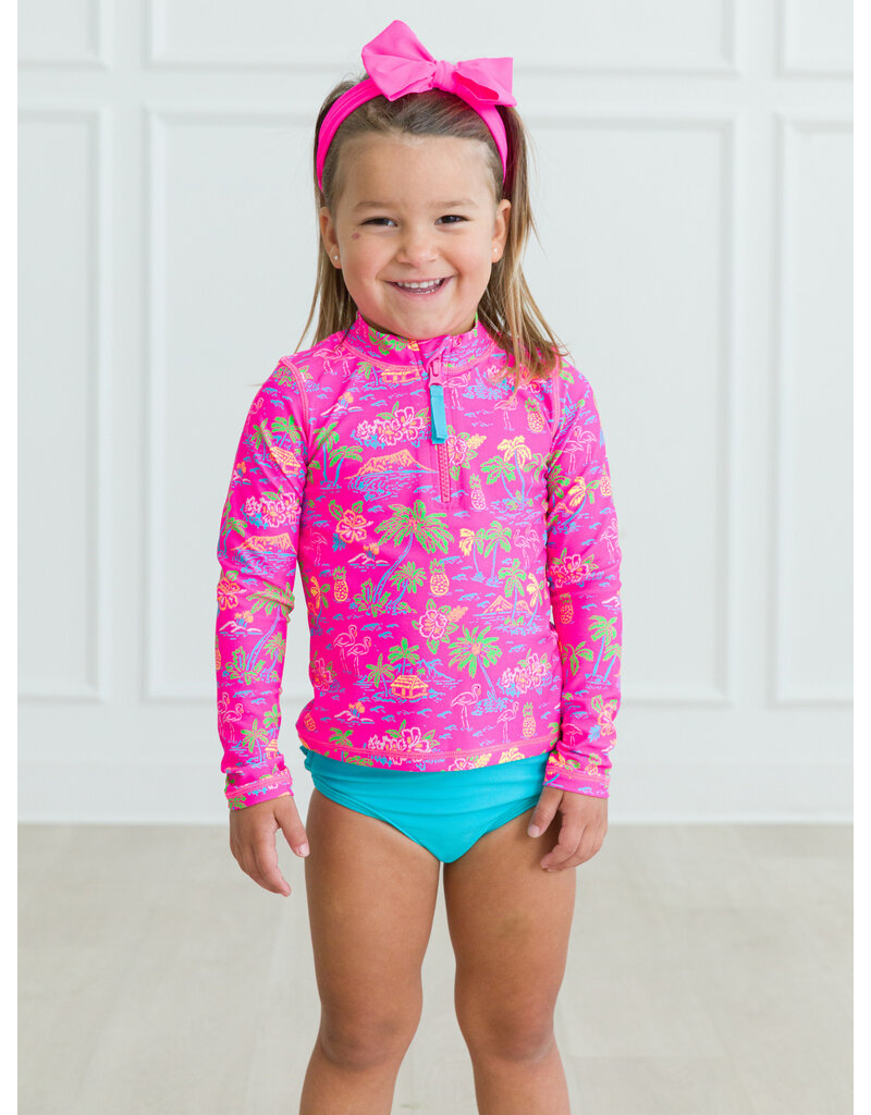 Neon Island Time Long Sleeve Zipper Rash Guard 2 Piece