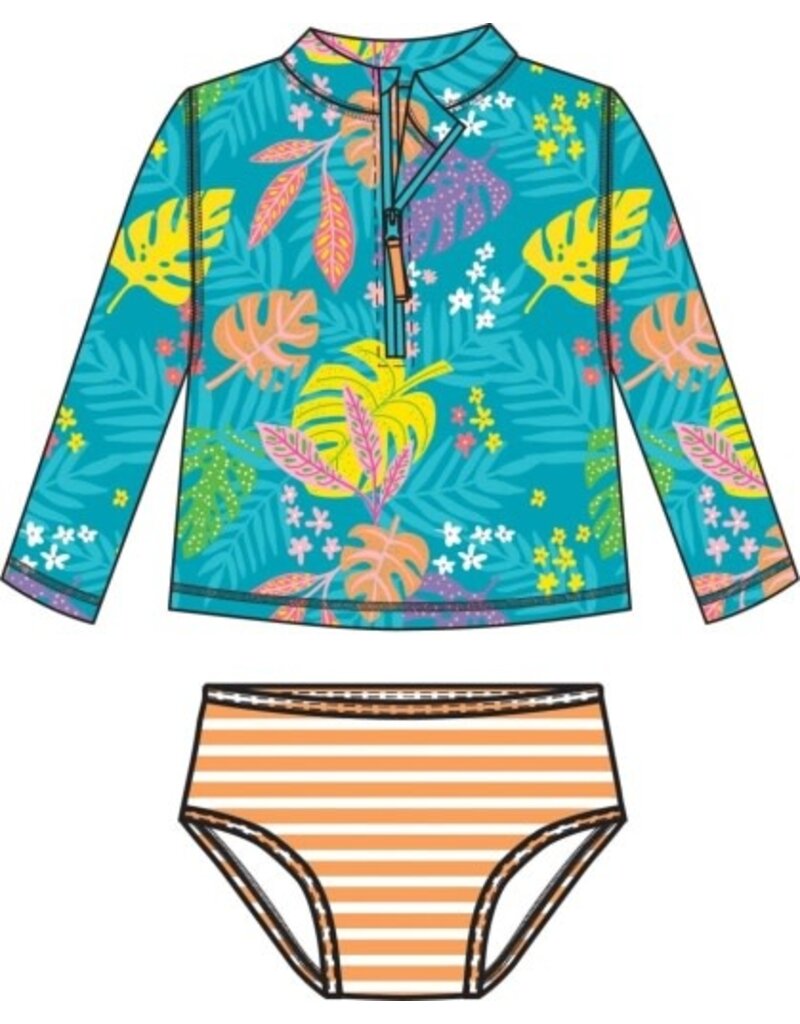 RuffleButts + RuggedButts Neon Tiki Vibes Long Sleeve Zipper Rash Guard 2-Piece