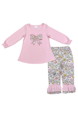 Aier Pink Flowers Bow Tunic Ruffle Pant Outfit