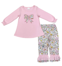 Aier Pink Flowers Bow Tunic Ruffle Pant Outfit