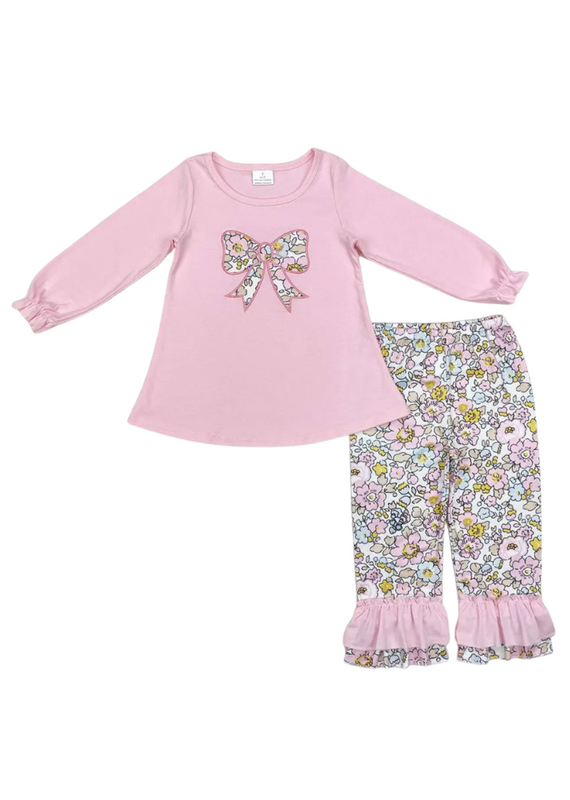 Aier Pink Flowers Bow Tunic Ruffle Pant Outfit