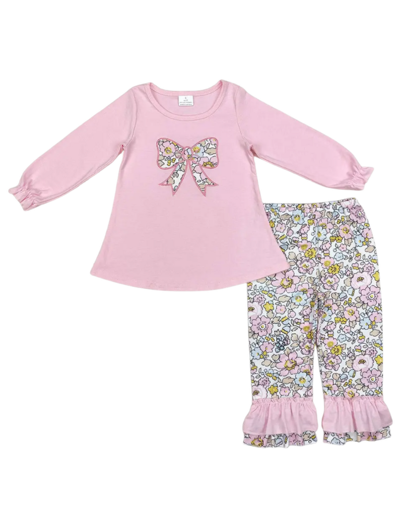 Aier Pink Flowers Bow Tunic Ruffle Pant Outfit