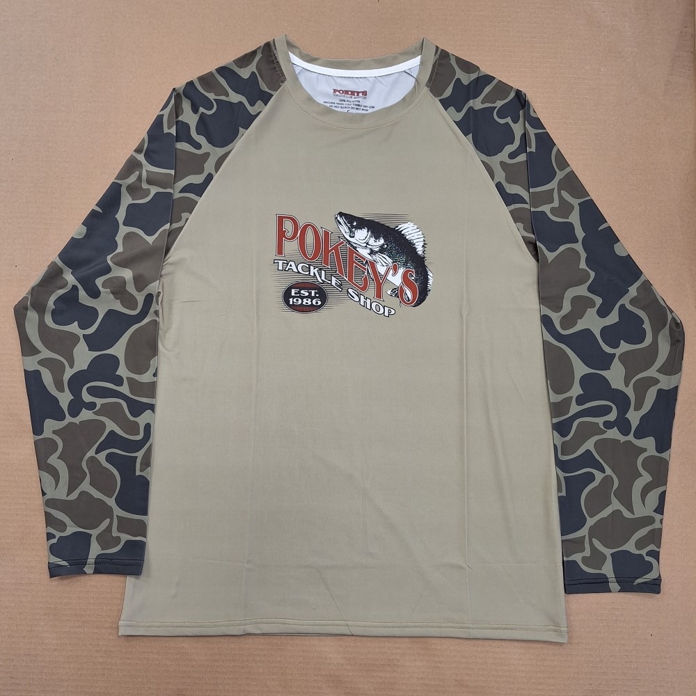 Pokey's Tackle Shop Sun Shirt Tan Brown Camo