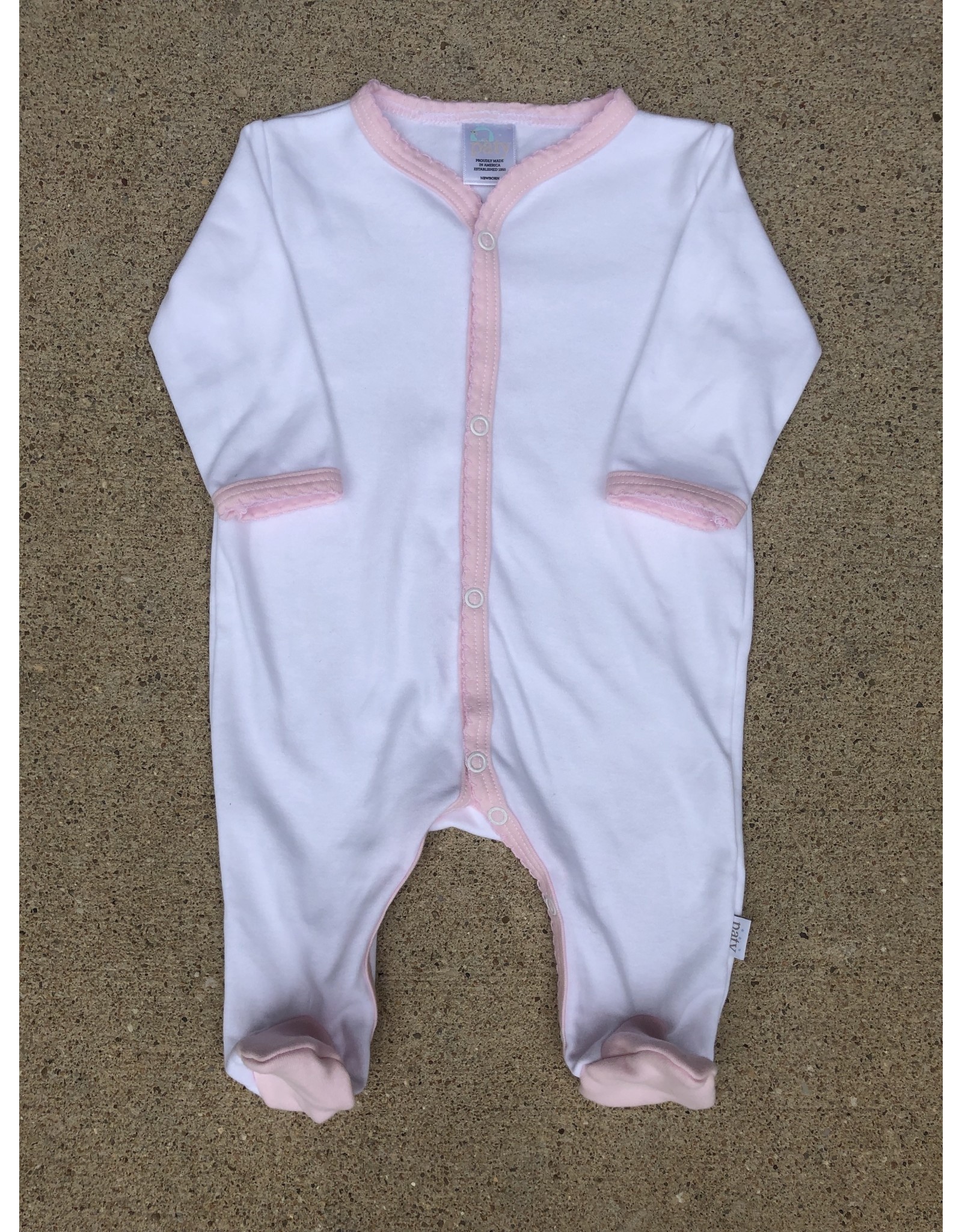 Paty Inc. Newborn White Cotton Footie w/Pink Trim