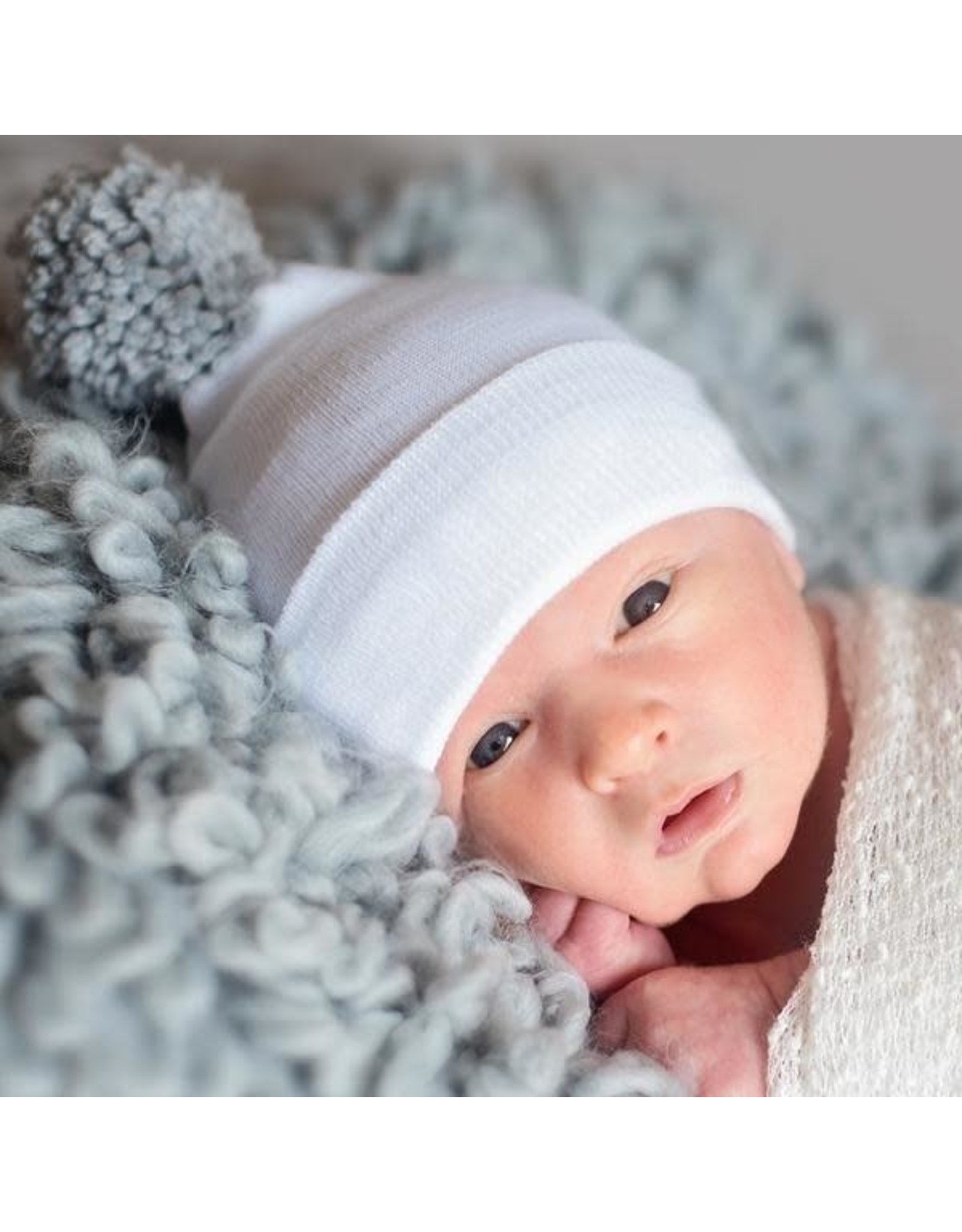 ILYBEAN Ilybean- White Hat with Gray Pom Nursery Beanie