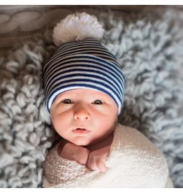 ILYBEAN Ilybean - Navy & White Striped with White Pom Nursery Beanie