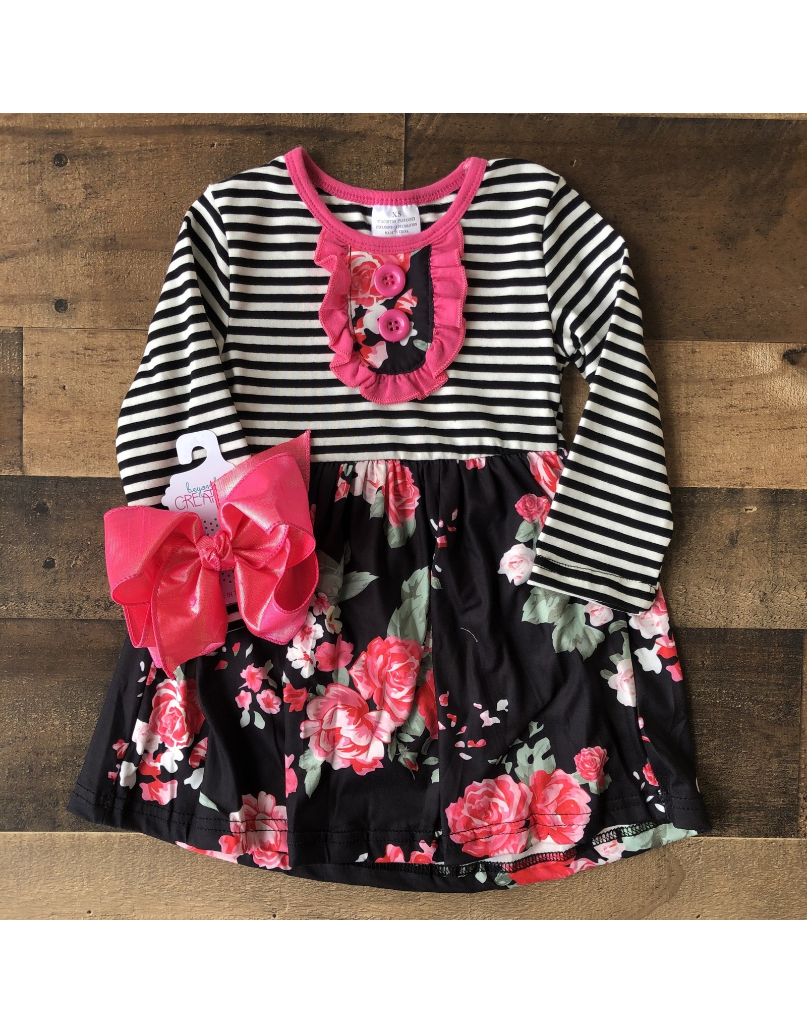 Black Stripe Pink Floral Button Dress