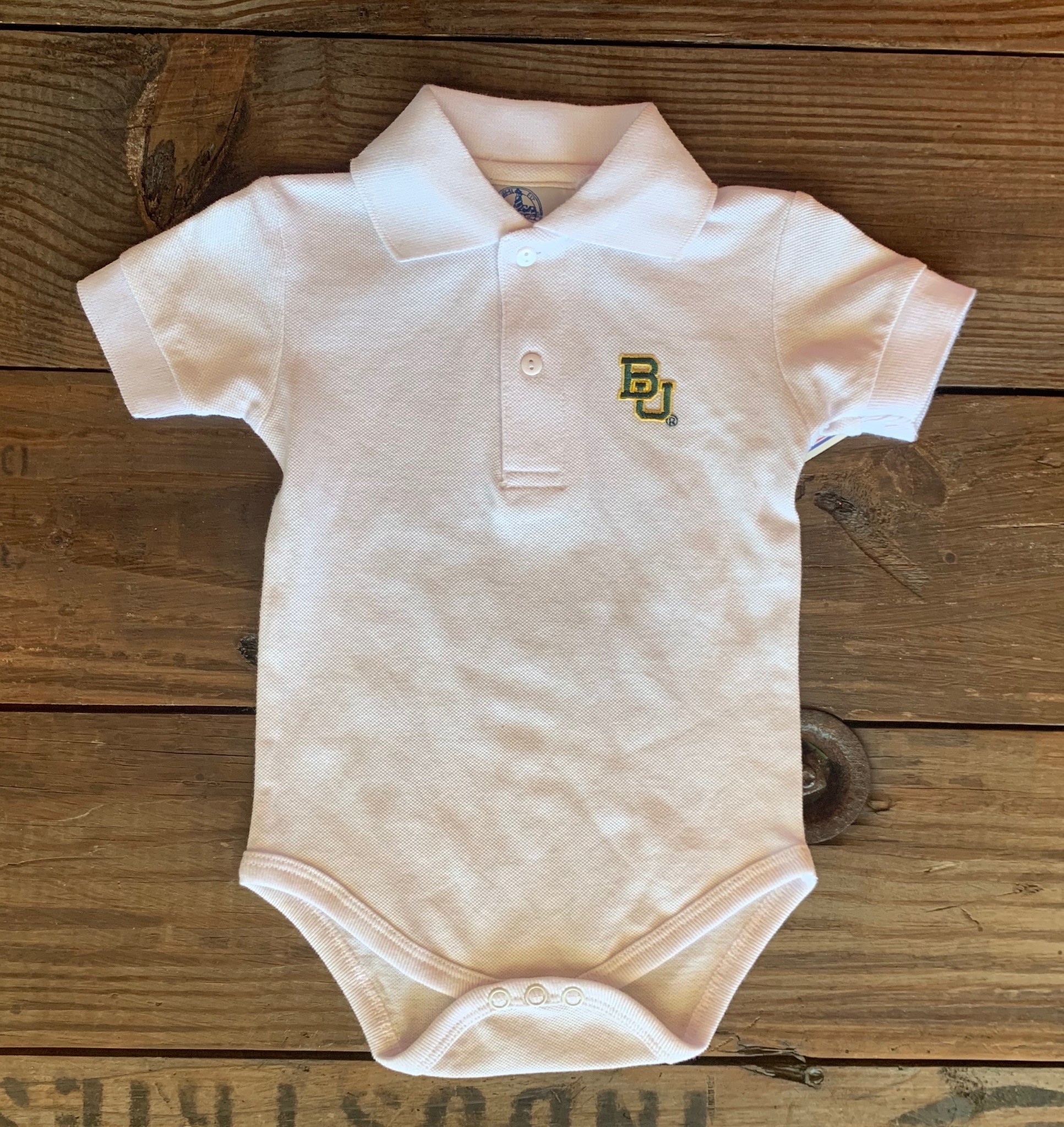 Two Feet Ahead Baylor Golf White Polo Onesie Freckles Children’s